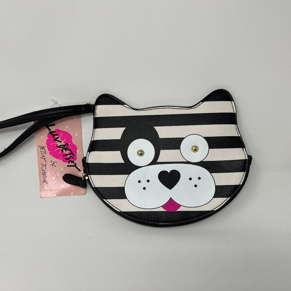 Luv Betsey Johnson LB Stripe Kitty 7''x 6'' Wrist Strap  Hand Coin Purse NWT